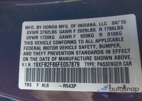 2015 Honda Civic Ex z USA, uszkodzony, nr VIN 19XFB2F86FE057879